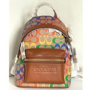 Coach Charter Backpack 18 Small Rainbow Signature Canvas Brown Leather